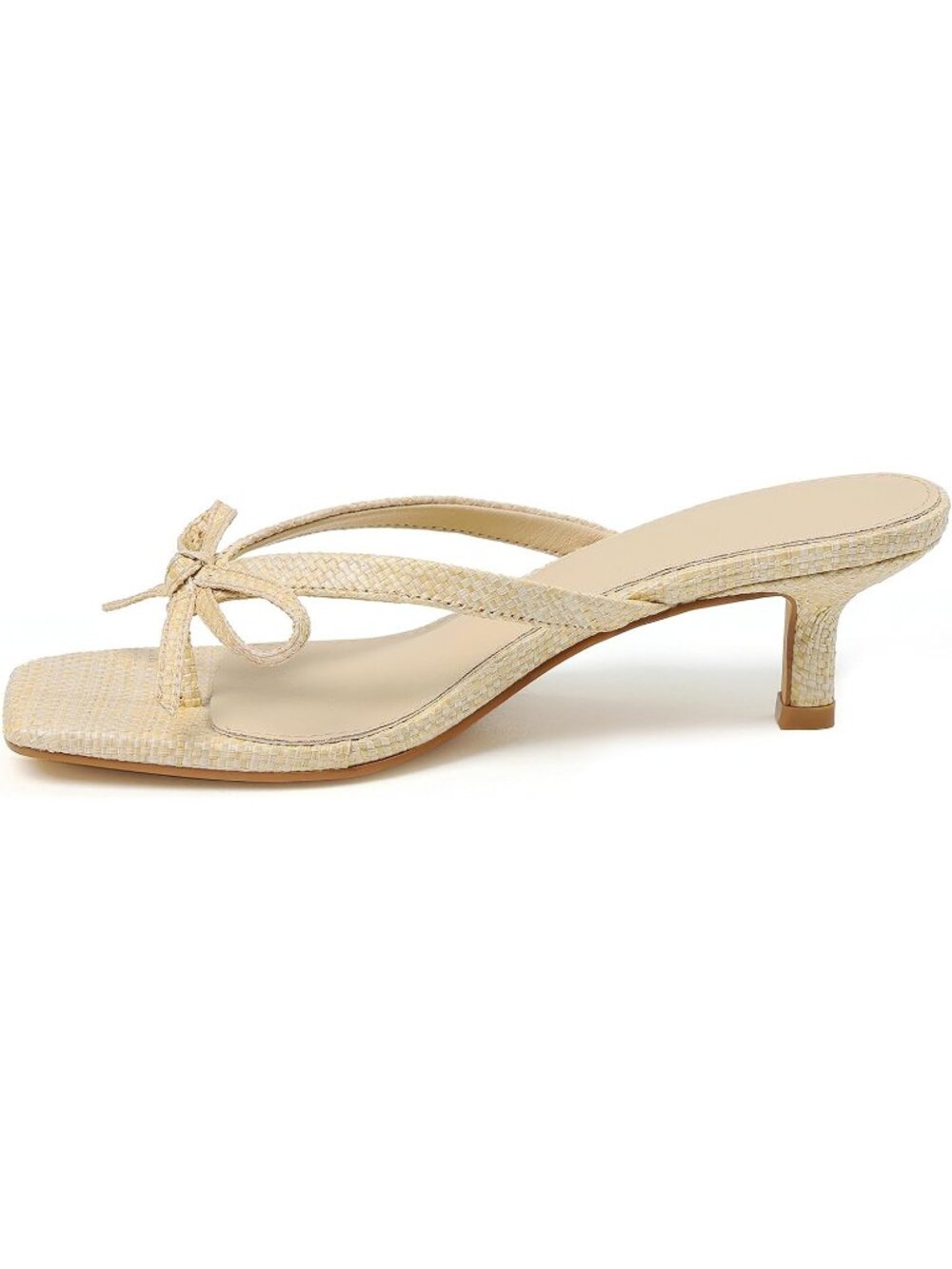Women's Raffia Summer Square Toe Cute Bow Thong Slip On Flip Flop Kitten Heel